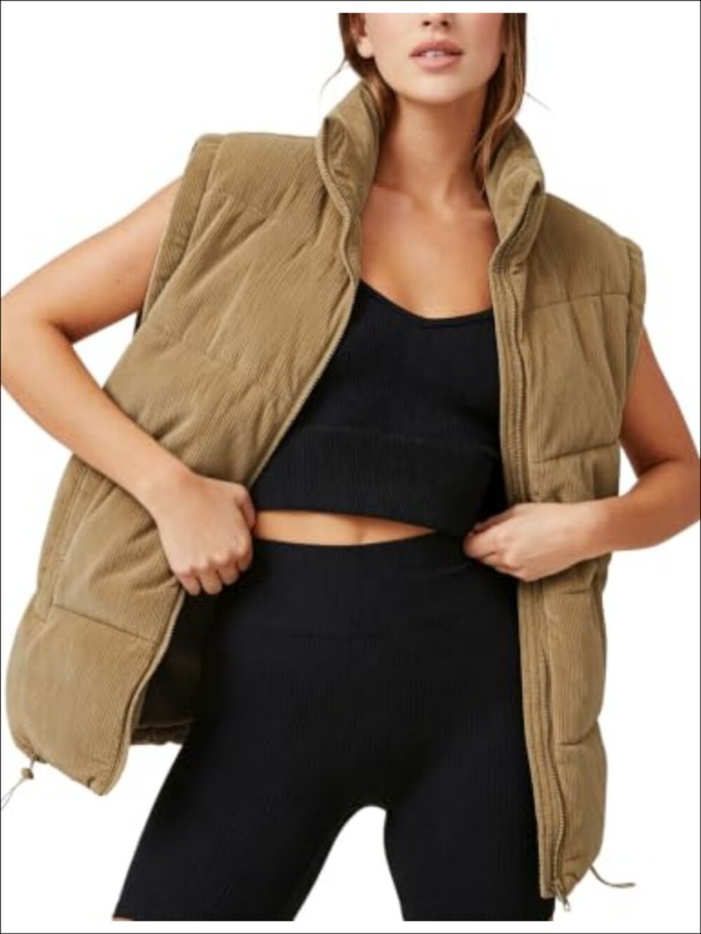 Women's Corduroy Puffer Vest Zip Up Stand Collar Sleeveless Jacket